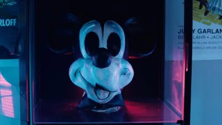 Mickey's Mouse Trap trailer still, featuring a mask of Mickey's face