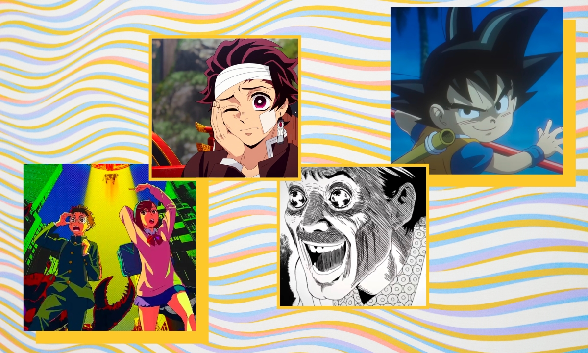 A collage on a wavy background, featuring images from the anime 'Demon Slayer,' 'Dragon Ball Z,' 'Uzumaki,' and 'DanDaDan'