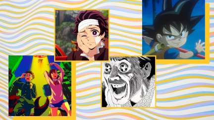 A collage on a wavy background, featuring images from the anime 'Demon Slayer,' 'Dragon Ball Z,' 'Uzumaki,' and 'DanDaDan'