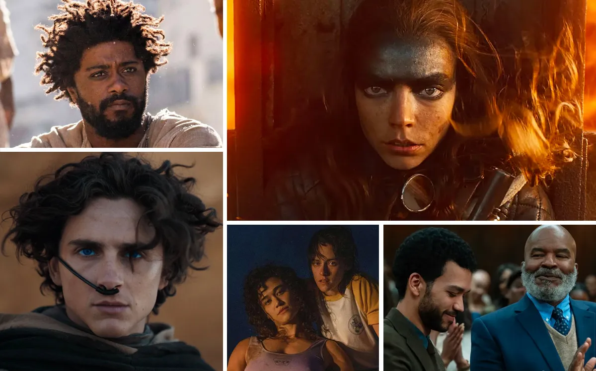 A collage featuring some of the most anticipated movie releases of 2024 (clockwise from top left): 'The Book of Clarence,' 'Furiosa: A Mad Max Saga,' 'The American Society of Magical Negroes,' 'Love Lies Bleeding,' and 'Dune: Part Two'