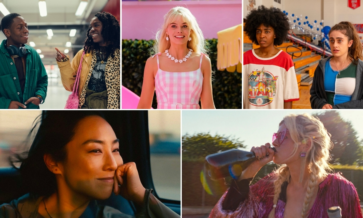 Five 2023 movies directed by women (clockwise from top left): 'Rye Lane,' 'Barbie,' 'Bottoms,' 'Saltburn,' and 'Past Lives'