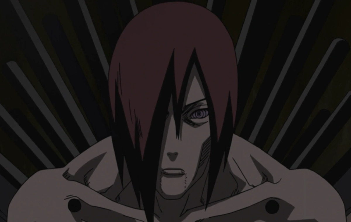 Nagato with iron rods impaled in his back in "Naruto Shippuden"
