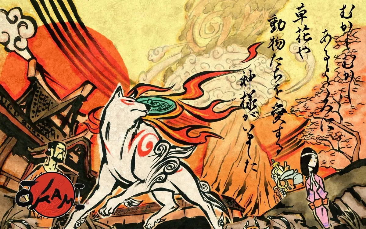 A wolf with a burning shield on her back stands gloriously in "Okami"