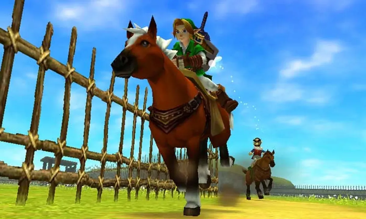 Link rides his horse Epona on a ranch in "Ocarina of Time" 