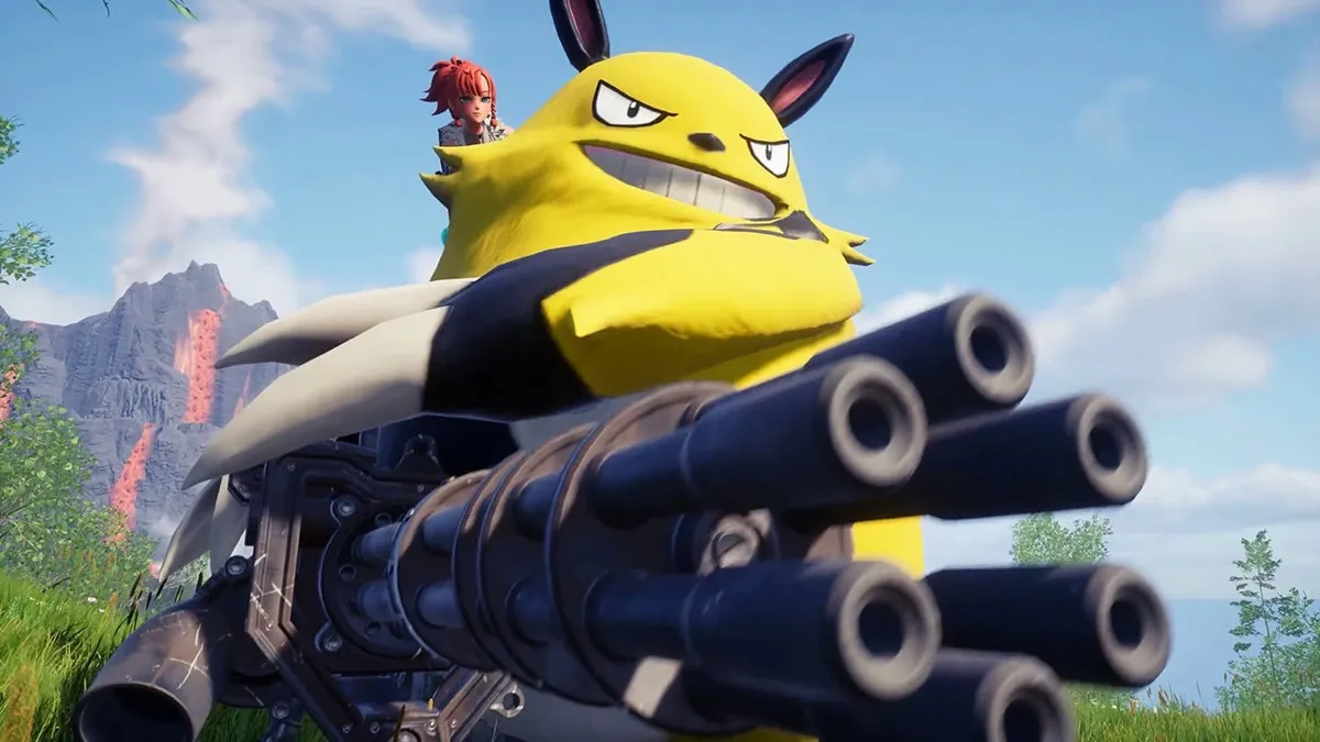 A giant fluffy monster holding a minigun with its training riding on its shoulder in "Palworld"