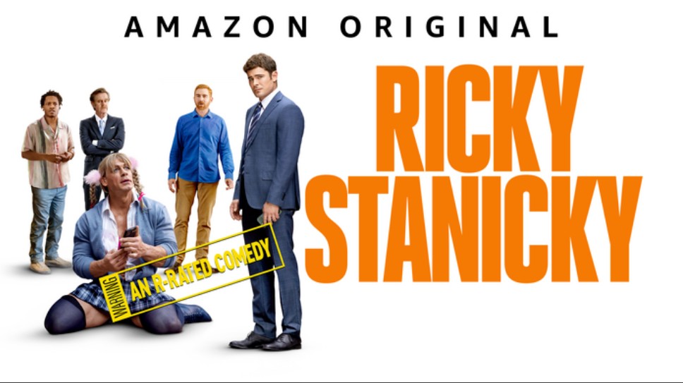 Three men stand near John Cena dressed in drag in the promo art for 'Ricky Stanicky.'