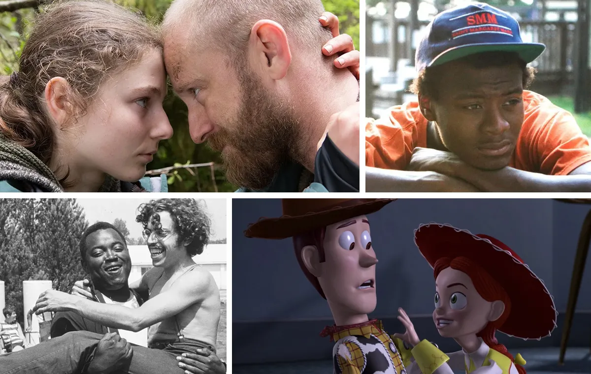 A collage featuring some of the top rated movies of all time, according to Rotten Tomatoes (clockwise from top left): 'Leave No Trace,' 'Minding the Gap,' 'Toy Story 2,' and 'Crip Camp'