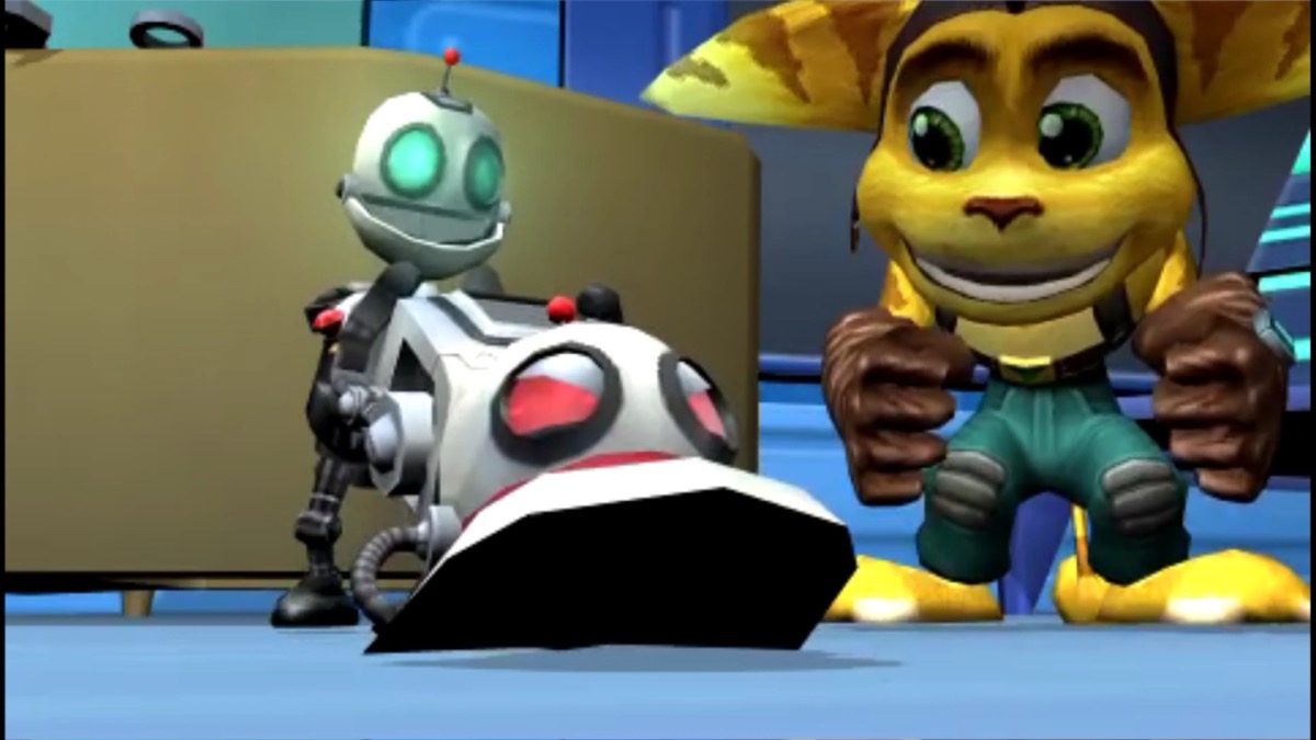 The Robot Clank using a robot shaped vacuum cleaner while Ratchet looks on in "Secret Agent Clank" 