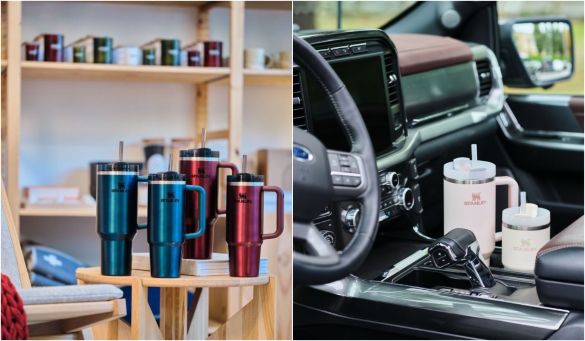 Stanley Quencher FlowState Cups featuring the Rosewood Glow Collection on the left and a light pink Stanley Cup on the right inside a car.