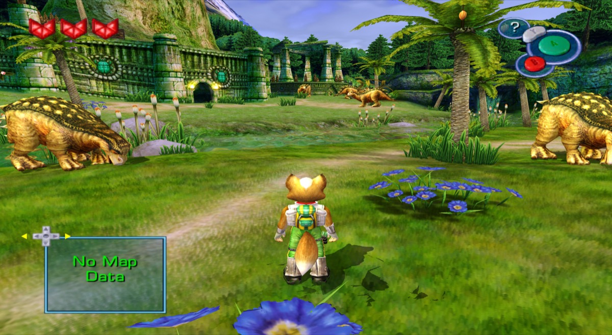 Fox McCloud stands in a field around some dinosaurs in "Star Fox Adventures" 
