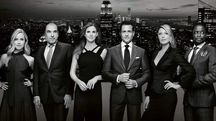 The cast of Suits season 9: Katherine Heigl, Dulé Hill, Rick Hoffman, Gabriel Macht, Patrick J. Adams, Sarah Rafferty.