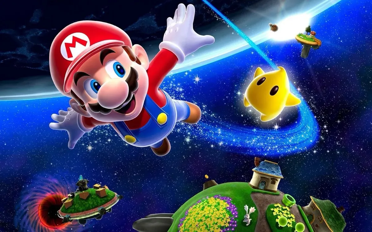 Mario and a cute little star fly through space in "Mario Galaxy"