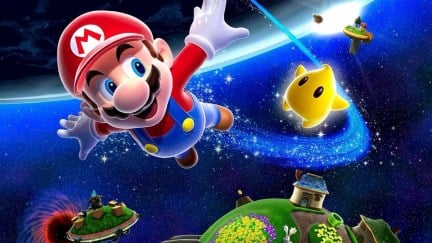 Mario and a cute little star fly through space in 