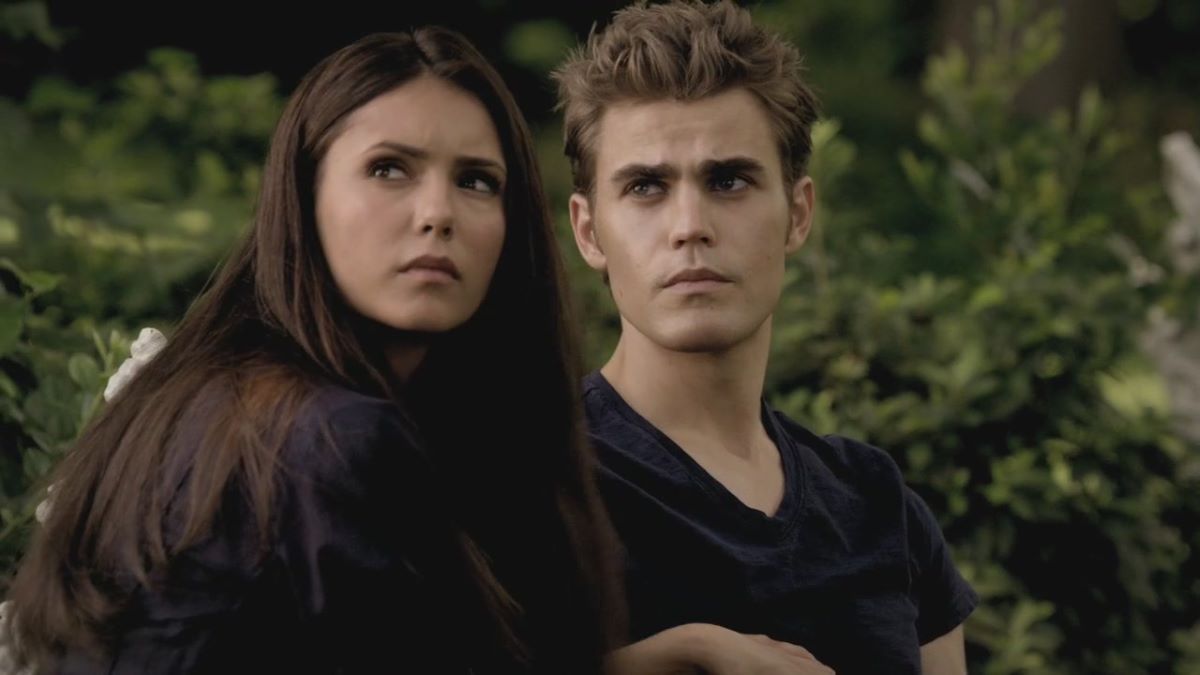 Nina Dobrev as Elena and Paul Wesley as Stefan from The Vampire Diaries.