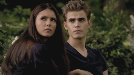 Nina Dobrev as Elena and Paul Wesley as Stefan from The Vampire Diaries.
