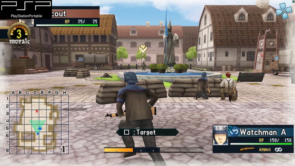 A soldier hides behind a wall of sandbags in "Valkyria Chronicles II"