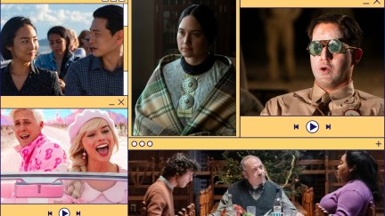 Computer windows featuring some of the nominees for Best Picture at the 2024 Oscars (clockwise from top left): 'Past Lives,' 'Killers of the Flower Moon,' 'Oppenheimer,' 'The Holdovers,' and 'Barbie'