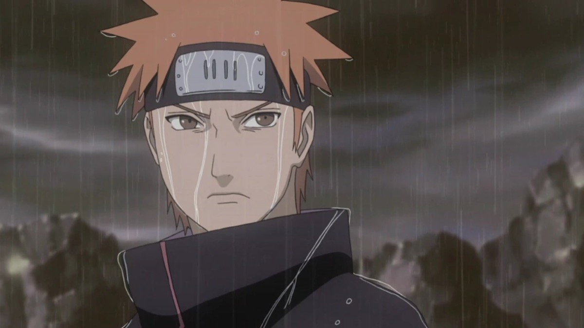 Yahiko frowns in the rain in "Naruto Shippuden"