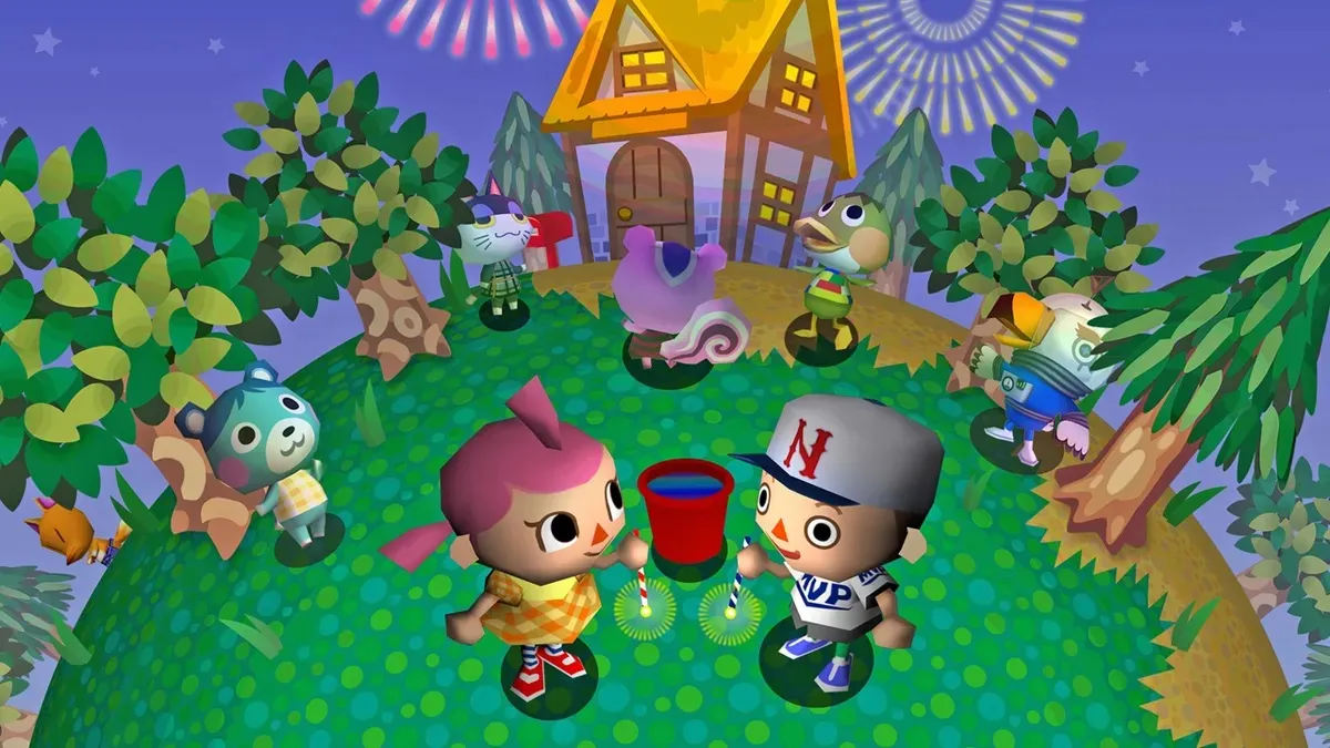 Villagers stand in the middle of their town in "Animal Crossing" 