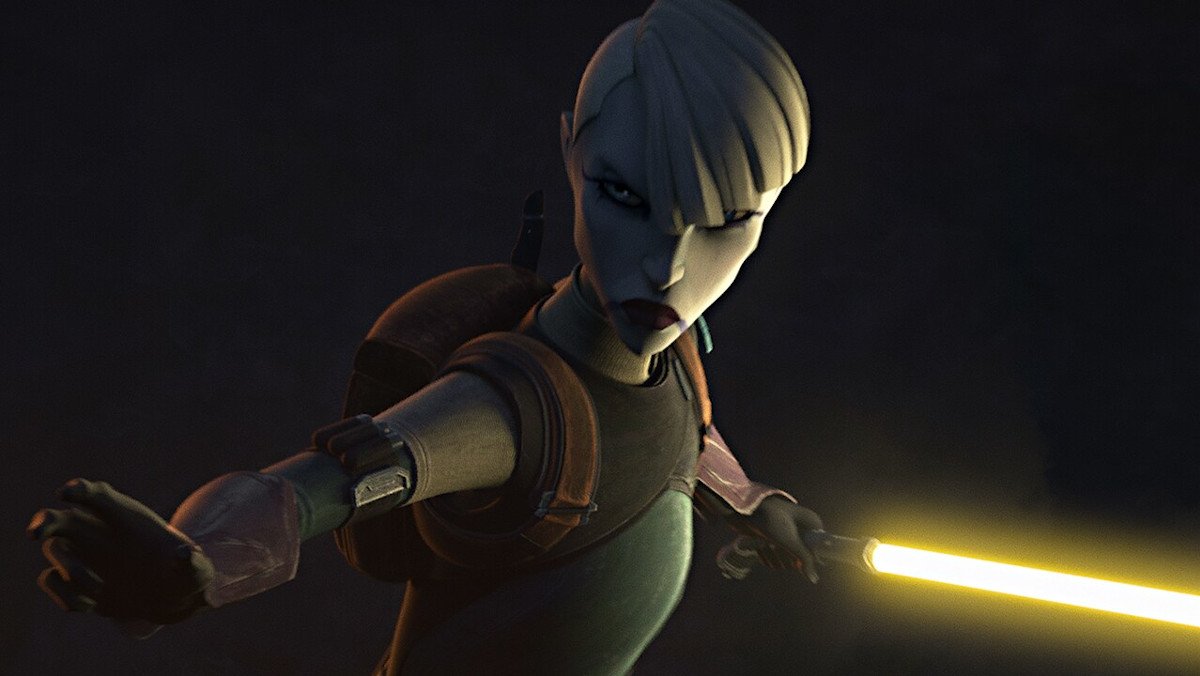 A fierce looking woman wields a yellow lightsaber in "The Bad Batch"