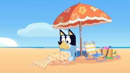 Bandit sits glumly under a beach umbrella, with his legs covered in a mermaid tail made of sand.