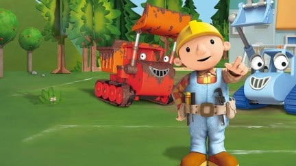 Bob the Builder smiles with a red construction vehicle behind him.