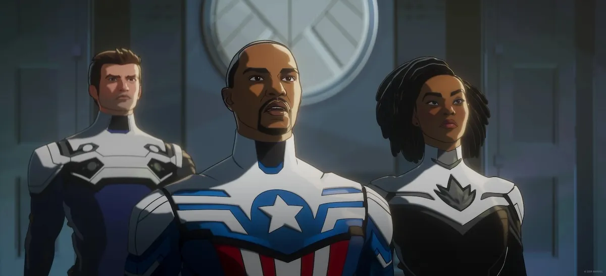 Bucky, Sam Wilson as Captain America, and Monica Rambeau in What If...? season 3.