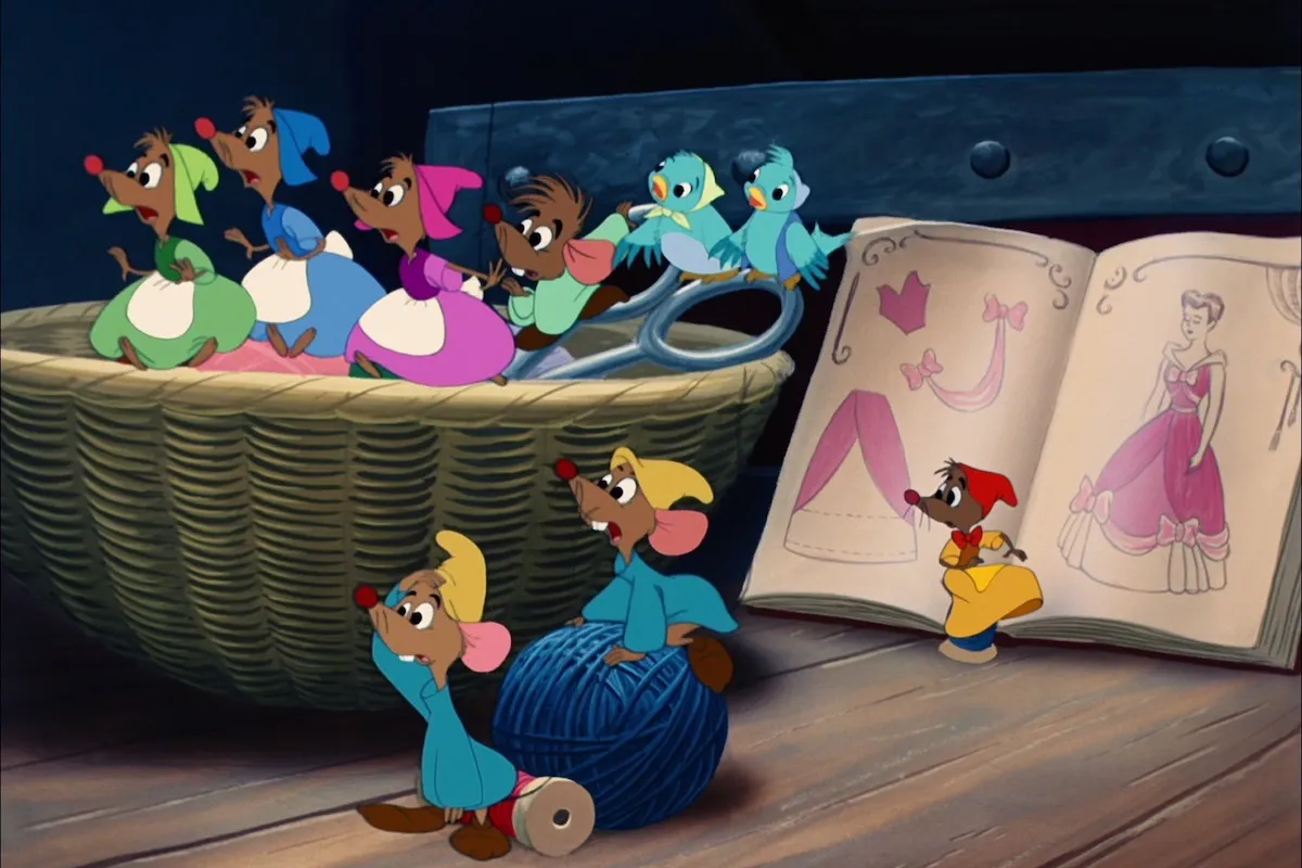 In Disney's CInderella, a group of mice gathered around sewing supplies
