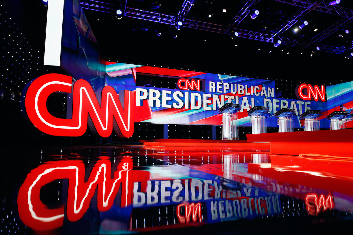 An empty stage set for a CNN Republican presidential debate