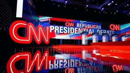 An empty stage set for a CNN Republican presidential debate