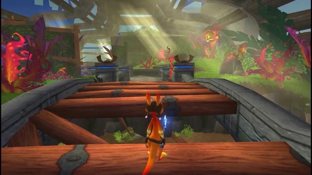 An ocelot prepares to leap over rafters in "Daxter" 