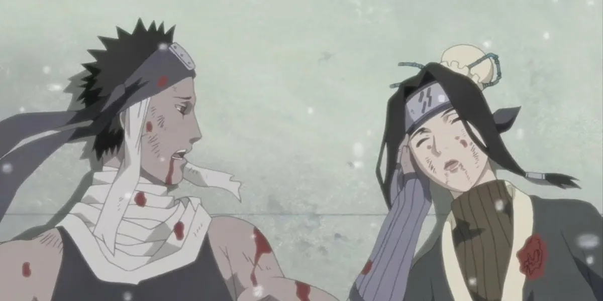 A wounded ninja lays next to the corpse of the comrade in "Naruto"