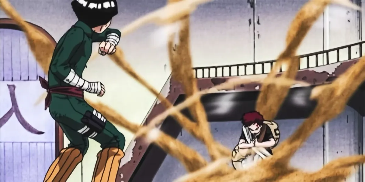 Sand ninja Gaara throws tendrils of sand at his opponent in "Naruto"