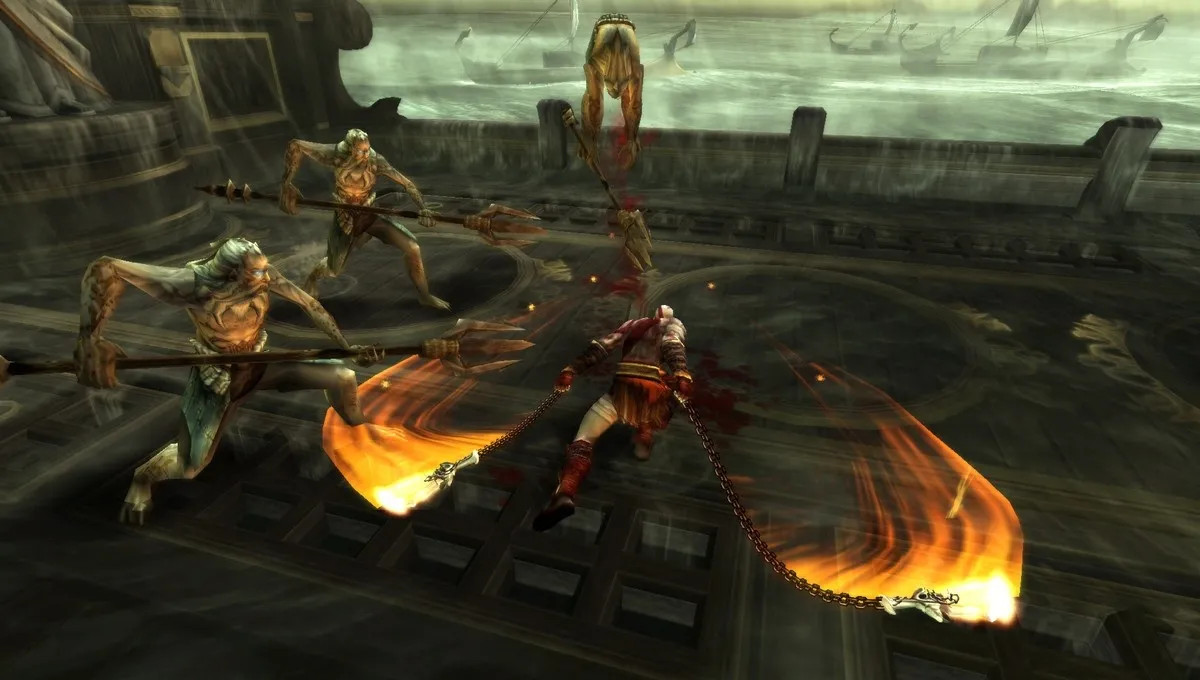 Kratos swings his whip like swords at enemies in "Ghost of Sparta" 