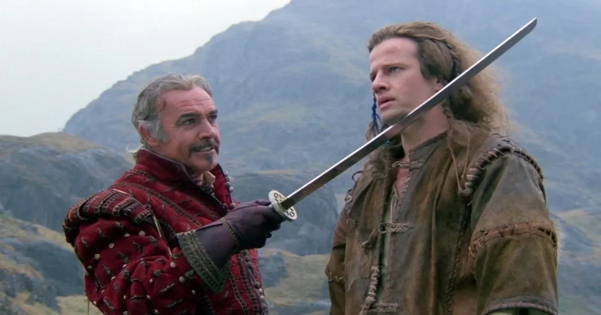 Connor (Christopher Lambert) being held at swordpoint by Juan (Sean Connery) in 'Highlander'