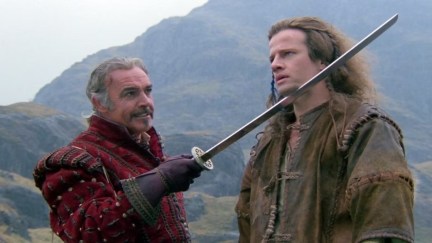Connor (Christopher Lambert) being held at swordpoint by Juan (Sean Connery) in 'Highlander'