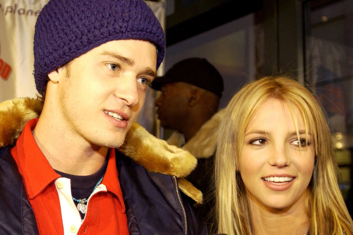 Britney Spears standing next to Justin Timberlake at the Super Bowl