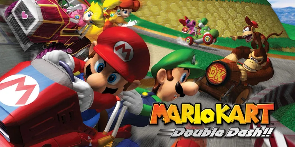 Mario and Luigi drive a double kart surrounded by opps in "Mario Kart Double Dash"  