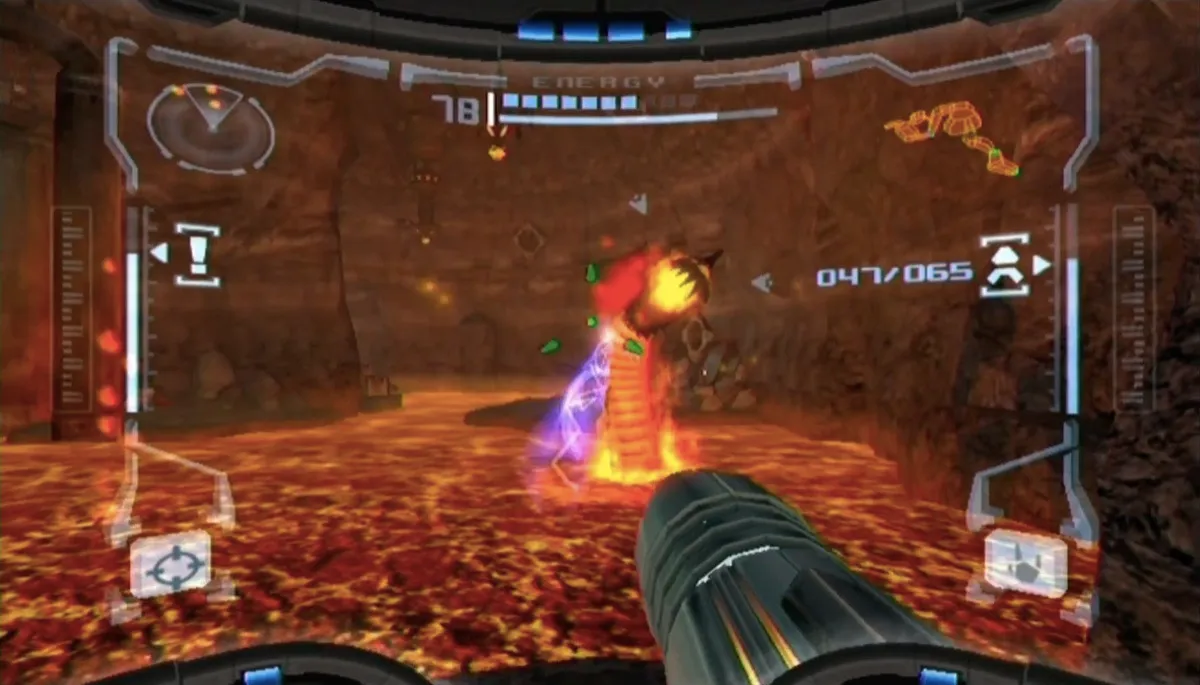 Samus shooting enemies with her arm gun in first person in "Metroid Prime" 