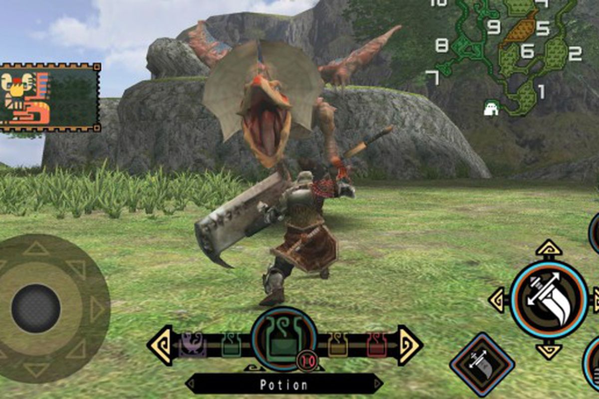 A hunter with a sword takes on giant dinosaur in Monster Hunter frontier