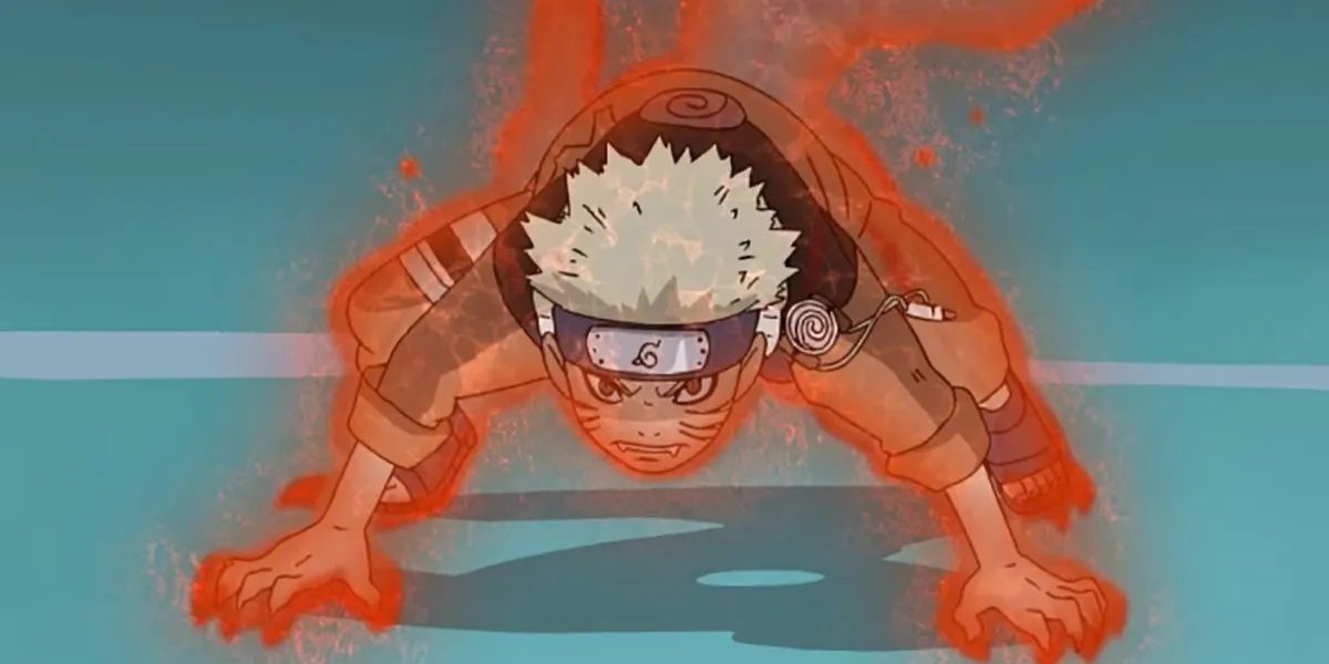 Naruto stands on water covered in the red chakra of the nine tailed fox in "Naruto"
