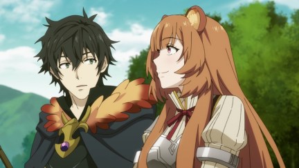 A man and a Demi-human girl looking at each other in the woods in 
