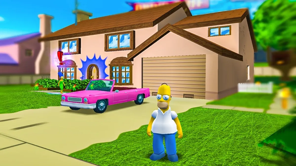 Home stands in front of his house and pink car in "Simpsons Hit and Run" 