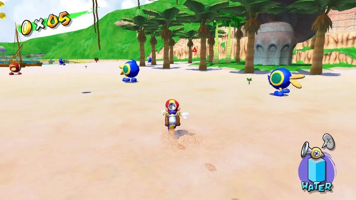 Mario stands on a sunny beach in "Super Mario Sunshine" 