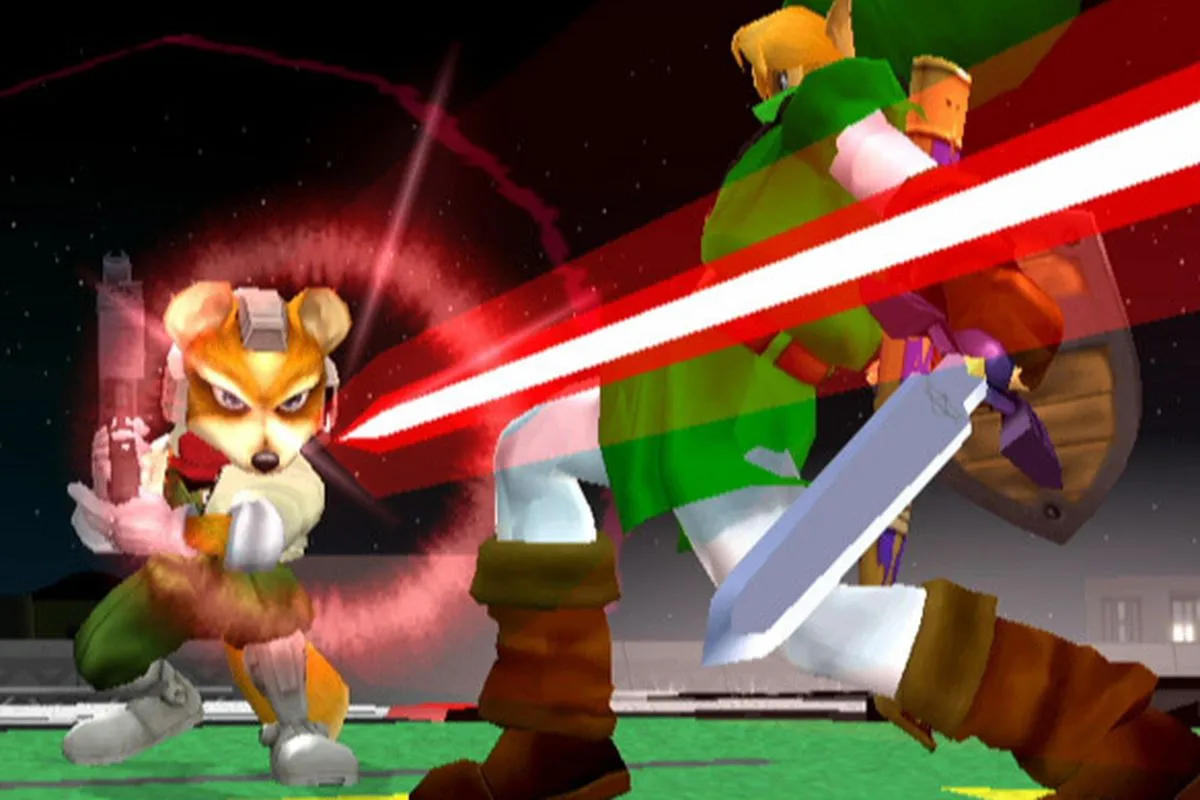 Link dodges a laser fired by Fox in "Super Smash Bros Melee"