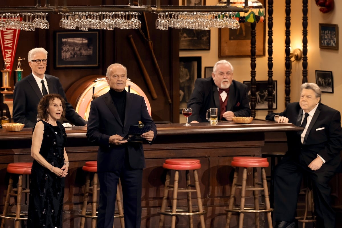 The cast of Cheers all together again on stage at the Emmys