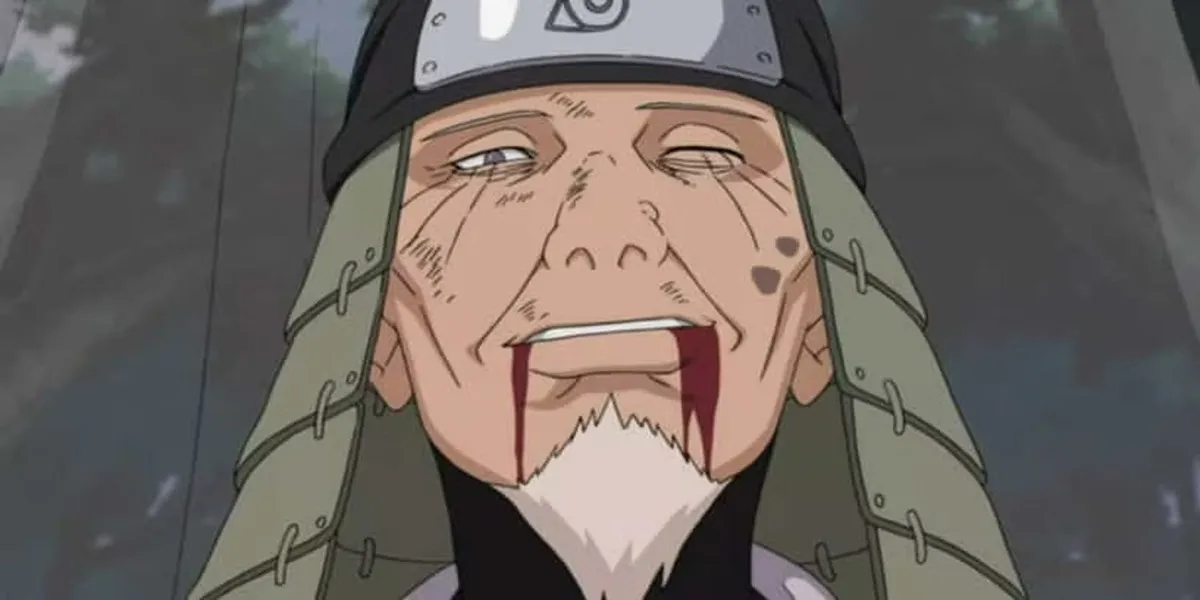 An old man smiles with blood coming out of his mouth in "Naruto"