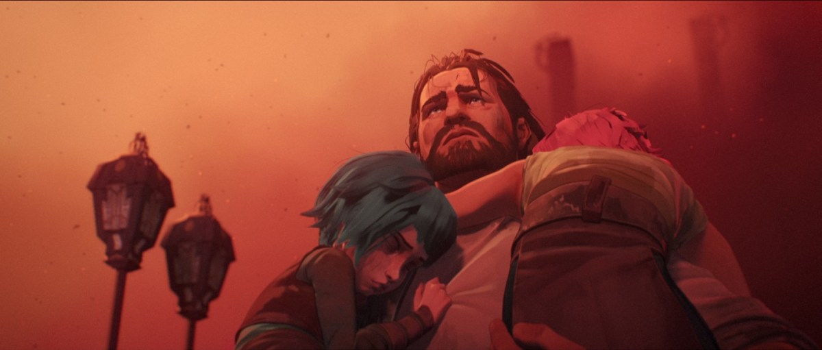 An animated image of a big man with a beard hugging two sisters, Vi and Jinx in 'Arcane'.