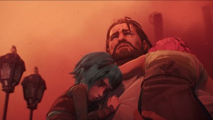 An animated image of a big man with a beard hugging two sisters, Vi and Jinx in 'Arcane'.