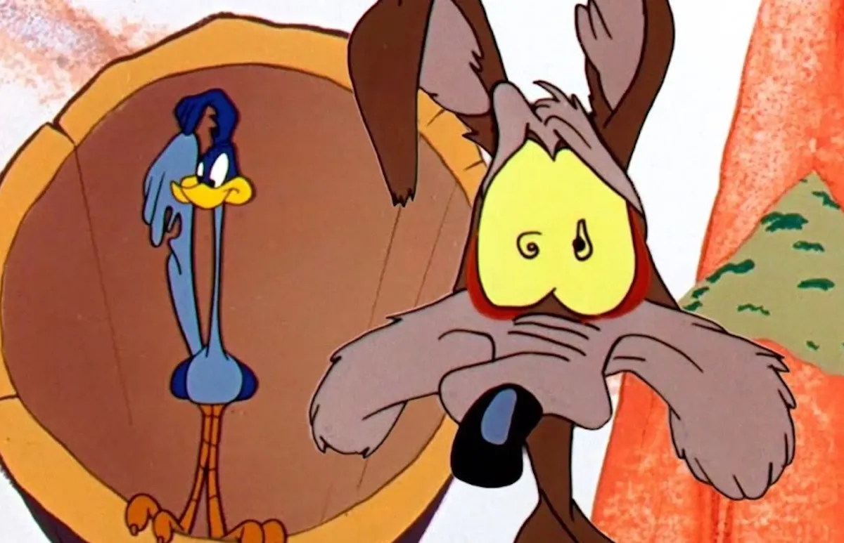 Wile E. Coyote and Roadrunner in Looney Tunes.